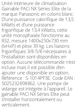 Gainable PACi NX Séries Elite - 13.5 kWatts - R32 - Panasonic - Réf : S-1014PF3E