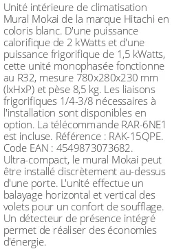 Split mural Mokai - 2 kWatts - R32 - Hitachi - Réf : RAK-15QPE