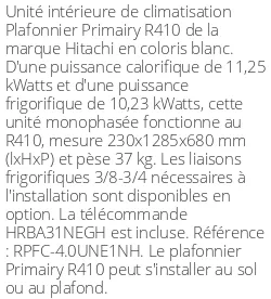 Plafonnier Primairy R410 - 11.25 kWatts R410 - Hitachi - Réf : RPFC-4.0UNE1NH