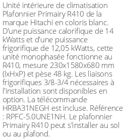 Plafonnier Primairy R410 - 14 kWatts R410 - Hitachi - Réf : RPFC-5.0UNE1NH