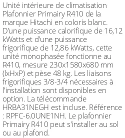 Plafonnier Primairy R410 - 16.12 kWatts R410 - Hitachi - Réf : RPFC-6.0UNE1NH