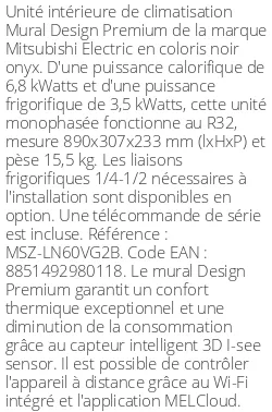 Split mural Design Premium - 6.8 kWatts Noir Onyx - R32 - Mitsubishi Electric - Réf : MSZ-LN60VG2B