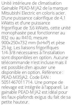 Gainable PEAD-M JA2 - 4.1 kWatts - R32/R410 - Mitsubishi Electric - Réf : PEAD-M35JA2