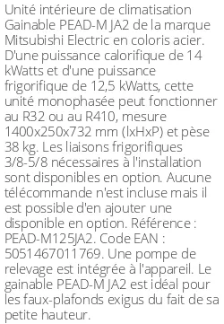 Gainable PEAD-M JA2 - 14 kWatts - R32/R410 - Mitsubishi Electric - Réf : PEAD-M125JA2
