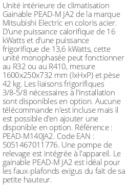 Gainable PEAD-M JA2 - 16 kWatts - R32/R410 - Mitsubishi Electric - Réf : PEAD-M140JA2