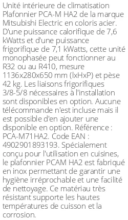 Plafonnier PCA-M HA2 - 7.6 kWatts - R32/R410 - Mitsubishi Electric - Réf : PCA-M71HA2