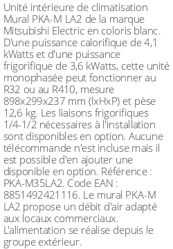 Split mural PKA-M LA2 - 4.1 kWatts - R32/R410 - Mitsubishi Electric - Réf : PKA-M35LA2