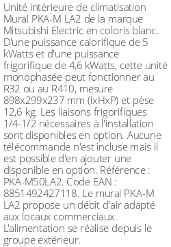Split mural PKA-M LA2 - 5 kWatts - R32/R410 - Mitsubishi Electric - Réf : PKA-M50LA2