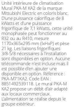 Split mural PKA-M KA2 - 8 kWatts - R32/R410 - Mitsubishi Electric - Réf : PKA-M71KA2