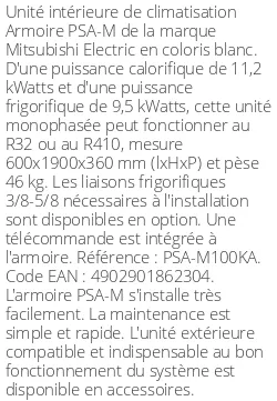 Armoire PSA-M - 11.2 kWatts - R32/R410 - Mitsubishi Electric - Réf : PSA-M100KA