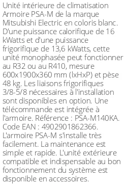 Armoire PSA-M - 16 kWatts - R32/R410 - Mitsubishi Electric - Réf : PSA-M140KA