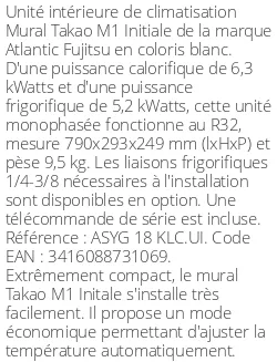 Split mural Takao M1 Initiale - 6.3 kWatts - R32 - Atlantic Fujitsu - Réf : ASYG 18 KLC.UI