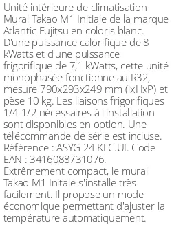Split mural Takao M1 Initiale - 8 kWatts - R32 - Atlantic Fujitsu - Réf : ASYG 24 KLC.UI