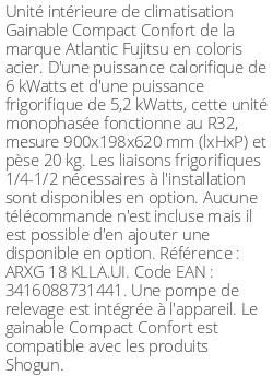 Gainable Compact Confort - 6 kWatts - R32 - Atlantic Fujitsu - Réf : ARXG 18 KLLA.UI