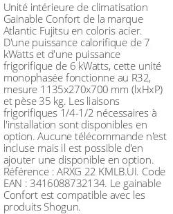 Gainable Confort - 7 kWatts - R32 - Atlantic Fujitsu - Réf : ARXG 22 KMLB.UI