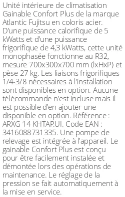 Gainable Confort Plus - 5 kWatts - R32 - Atlantic Fujitsu - Réf : ARXG 14 KHTAP.UI