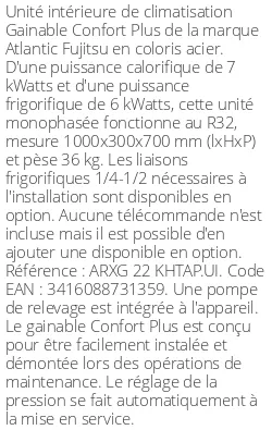 Gainable Confort Plus - 7 kWatts - R32 - Atlantic Fujitsu - Réf : ARXG 22 KHTAP.UI