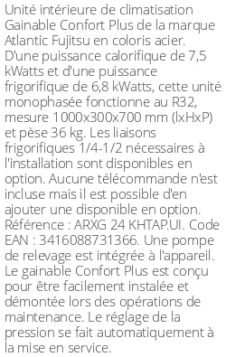Gainable Confort Plus - 7.5 kWatts - R32 - Atlantic Fujitsu - Réf : ARXG 24 KHTAP.UI