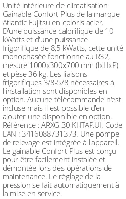 Gainable Confort Plus - 10 kWatts - R32 - Atlantic Fujitsu - Réf : ARXG 30 KHTAP.UI