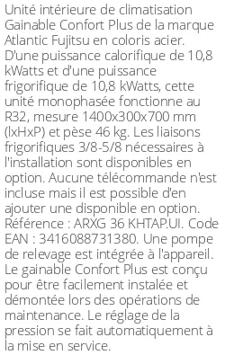 Gainable Confort Plus - 10.8 kWatts - R32 - Atlantic Fujitsu - Réf : ARXG 36 KHTAP.UI