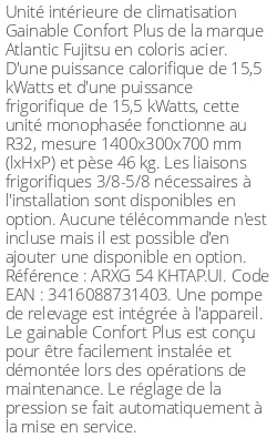 Gainable Confort Plus - 15.5 kWatts - R32 - Atlantic Fujitsu - Réf : ARXG 54 KHTAP.UI