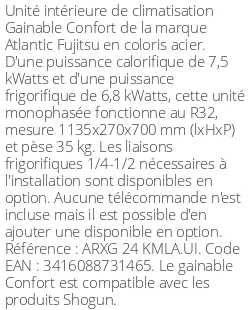 Gainable Confort - 7.5 kWatts - R32 - Atlantic Fujitsu - Réf : ARXG 24 KMLA.UI