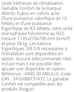 Gainable Confort - 10 kWatts - R32 - Atlantic Fujitsu - Réf : ARXG 30 KMLA.UI