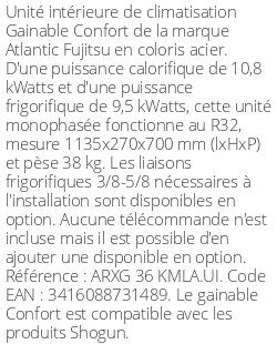 Gainable Confort - 10.8 kWatts - R32 - Atlantic Fujitsu - Réf : ARXG 36 KMLA.UI