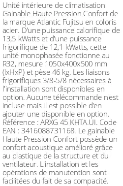 Gainable Haute Pression Confort - 13.5 kWatts - R32 - Atlantic Fujitsu - Réf : ARXG 45 KHTA.UI