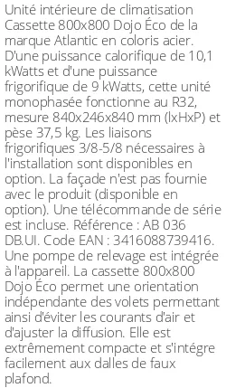 Cassette 4 voies 800 X 800 Dojo Éco - 10.1 kWatts - R32 - Atlantic - Réf : AB 036 DB.UI