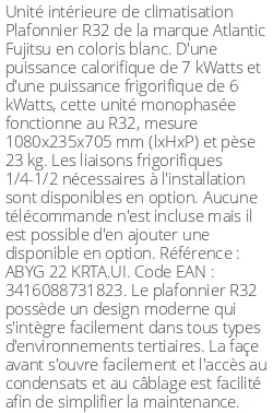Plafonnier - R32 - 7 kWatts - R32 - Atlantic Fujitsu - Réf : ABYG 22 KRTA.UI