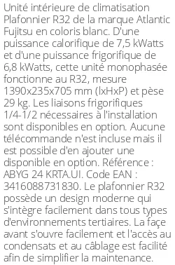 Plafonnier - R32 - 7.5 kWatts - R32 - Atlantic Fujitsu - Réf : ABYG 24 KRTA.UI