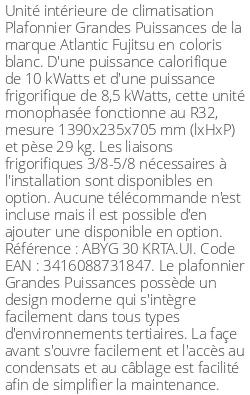Plafonnier Grandes Puissances - 10 kWatts - R32 - Atlantic Fujitsu - Réf : ABYG 30 KRTA.UI