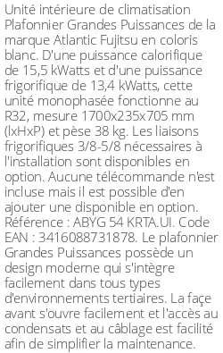 Plafonnier Grandes Puissances - 15.5 kWatts - R32 - Atlantic Fujitsu - Réf : ABYG 54 KRTA.UI