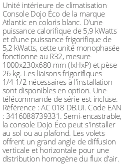 Console Dojo Éco - 5.9 kWatts - R32 - Atlantic - Réf : AC 018 DB.UI