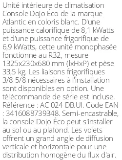 Console Dojo Éco - 8.1 kWatts - R32 - Atlantic - Réf : AC 024 DB.UI