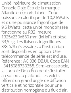 Console Dojo Éco - 10.2 kWatts - R32 - Atlantic - Réf : AC 036 DB.UI