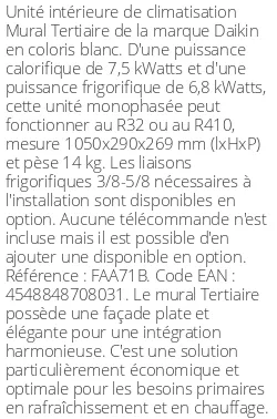 Split mural Tertiaire - 7.5 kWatts - R32/R410 - Daikin - Réf : FAA71B