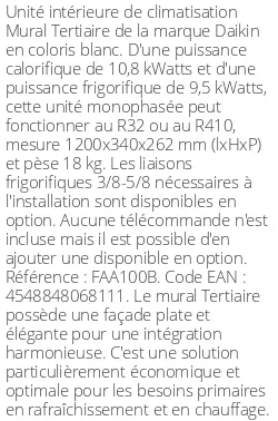 Split mural Tertiaire - 10.8 kWatts - R32/R410 - Daikin - Réf : FAA100B