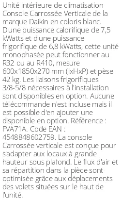 Console Carrossée Verticale - 7.5 kWatts - R32/R410 - Daikin - Réf : FVA71A