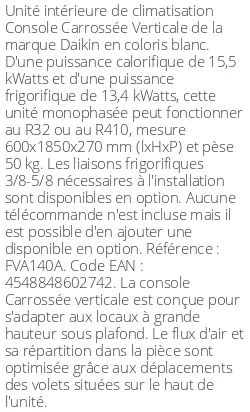 Console Carrossée Verticale - 15.5 kWatts - R32/R410 - Daikin - Réf : FVA140A