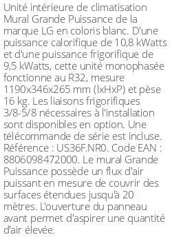 Split mural Grande Puissance - 10.8 kWatts - R32 - LG - Réf : US36F.NR0
