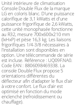 Console Double Flux - 3.1 kWatts - R32 - LG - Réf : UQ09F.NA0