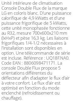 Console Double Flux - 4.9 kWatts - R32 - LG - Réf : UQ18F.NA0