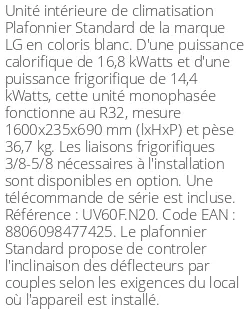Plafonnier Standard - 16.8 kWatts - R32 - LG - Réf : UV60F.N20