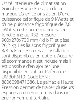 Gainable Haute Pression - 9 kWatts - R32 - LG - Réf : UM30F.N10