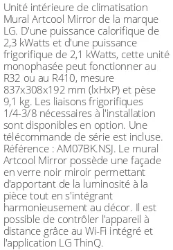 Split mural Artcool Mirror - 2.3 kWatts - R32/R410 - LG - Réf : AM07BK.NSJ