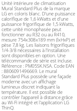 Split mural Standard Plus - 1.6 kWatts - R32/R410 - LG - Réf : PM05SK.NSA