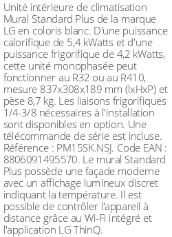 Split mural Standard Plus - 5.4 kWatts - R32/R410 - LG - Réf : PM15SK.NSJ