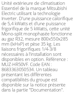 Unité extérieure Essentiel 5.4 kWatts - R32 - Mitsubishi Electric - Réf : MUZ-HR50VF